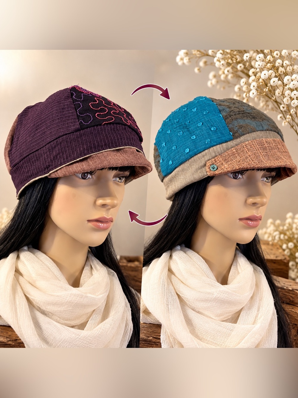 Reversible by Méversible Artisan Newsboy Hat - Mixed Media Boho Style